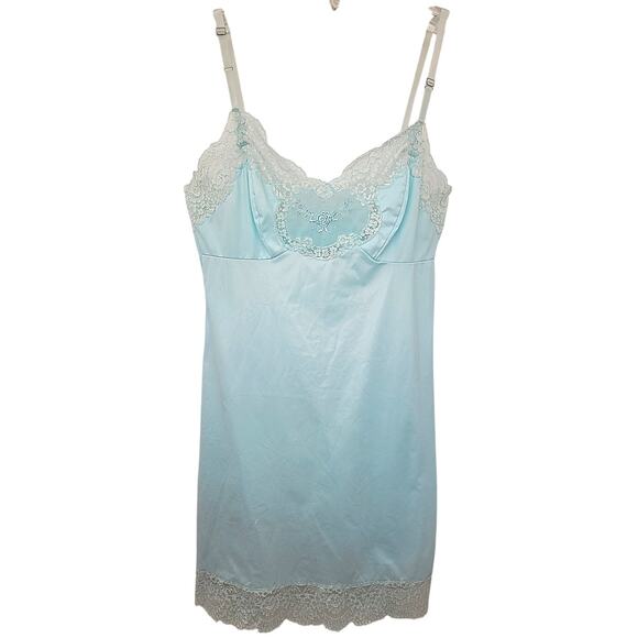 Vintage Van Raalte Blue Satin Embroidered Lace Slip Dress Feminine Nostalgia‎ - Picture 1 of 10